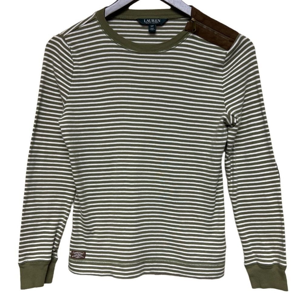 Lauren Ralph Lauren Stripe Green White Patch Shirt Zip Shoulder Women's Small